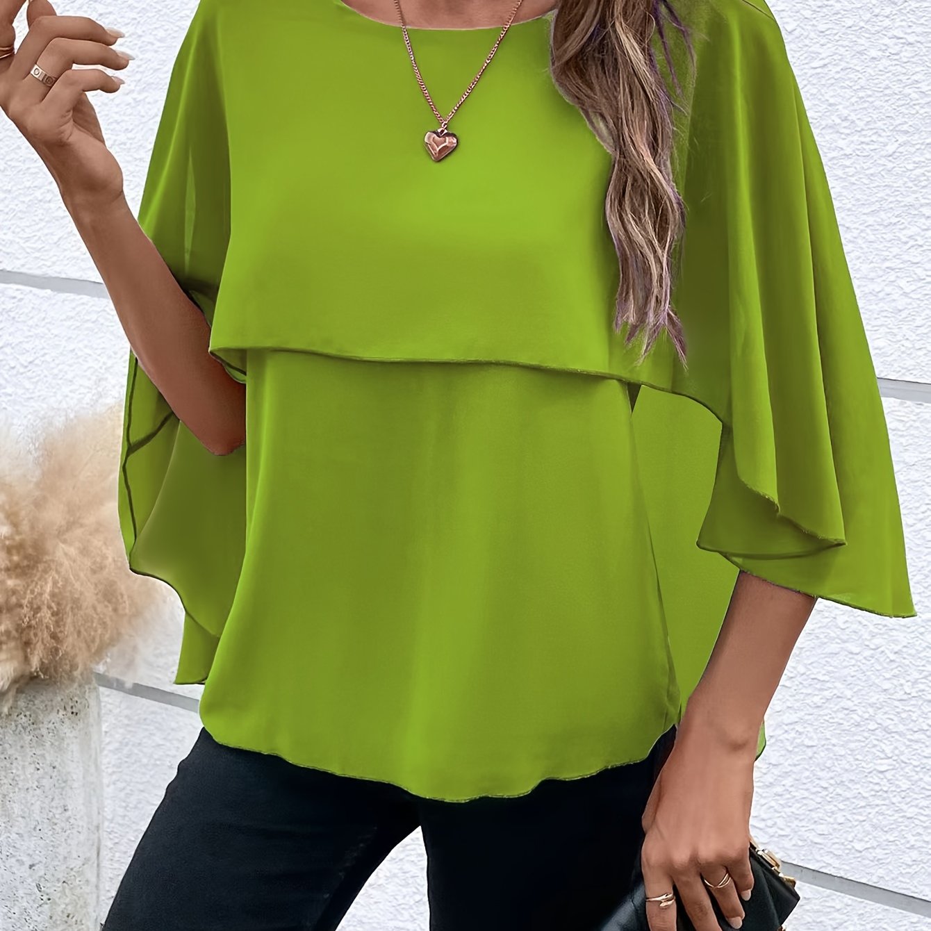 Solid Layered Cloak Sleeve Blouse, Versatile Crew Neck Blouse For Spring & Fall, Women's Clothing