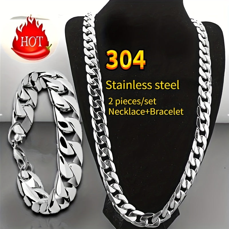 2pcs Necklace & Bracelet Set for Men and Women, Y2K Stainless Steel Cuban Chain, Hip-Hop Punk Rock Style for Couples