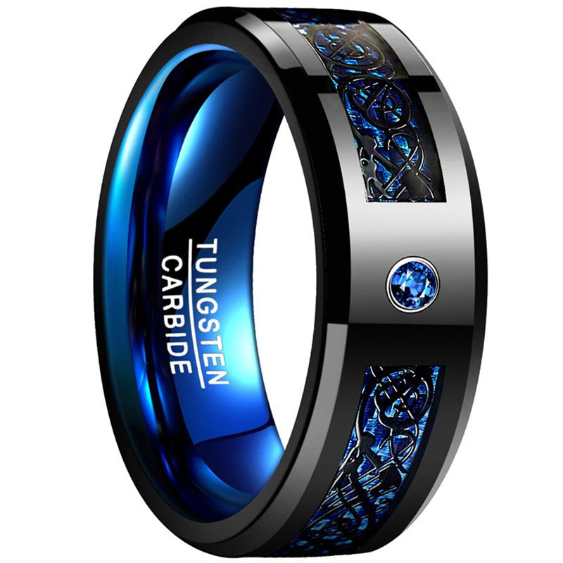 1pc 8MM Wide Inlaid Black Dragon Pattern Blue Carbon Fiber Men's Tungsten Ring USA Size 7-14