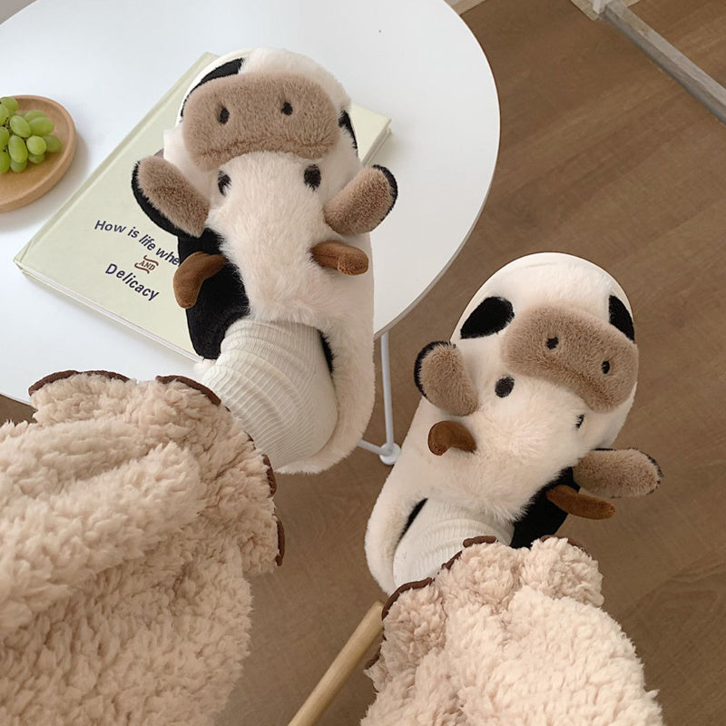 Women's Cartoon Cute Cow House Slippers, Warm Plush Lined Closed Toe Fuzzy Home Slides, Women's Comfy Indoor Shoes