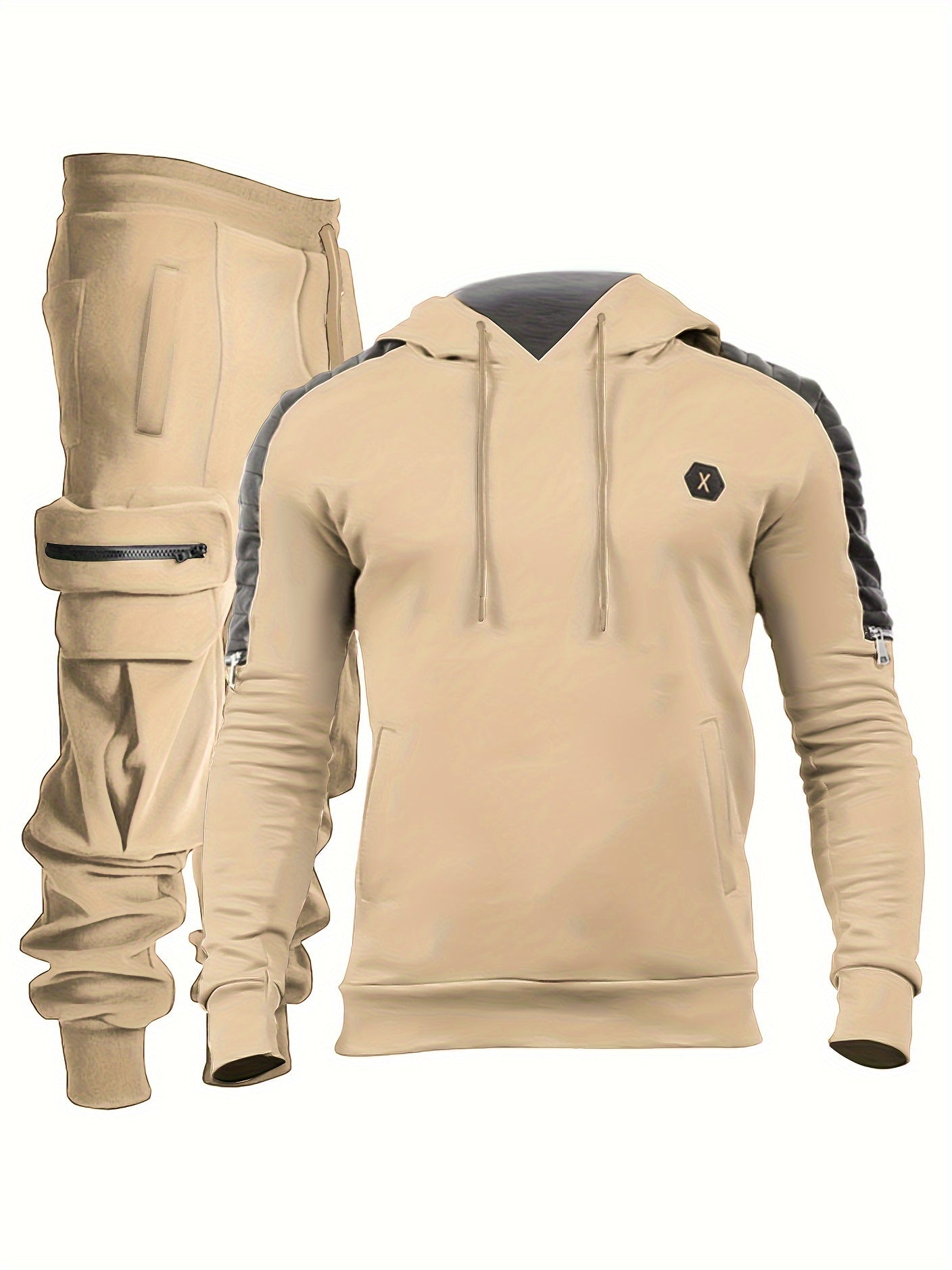 Men's Casual 2pcs Set, High Stretch Sports Hoodie & Multi Pocket Joggers Matching Set For Gym Workout Training