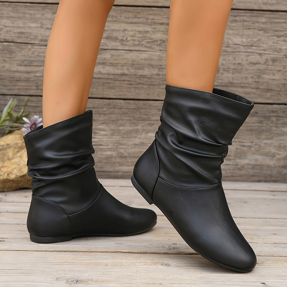 Women's Solid Color Trendy Boots, Slip On Comfy Flat Round Toe Boots, Versatile Ankle Shoes