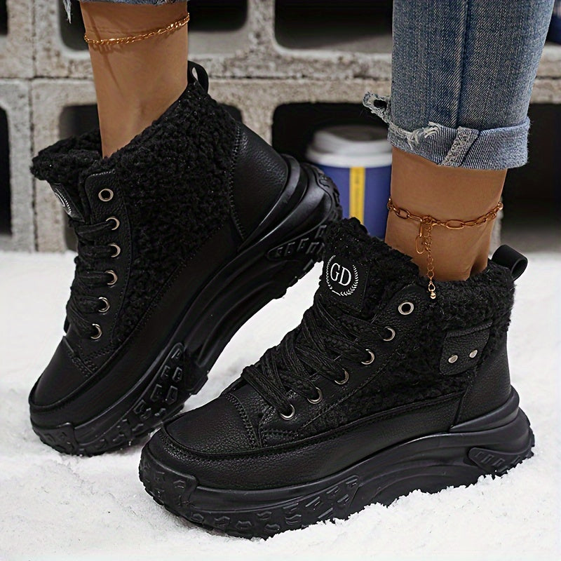 Winter Women's Ankle & Bootie Sneakers - Lace-Up Solid Color, Faux Fur High-Top Chunky Dad Shoes with Rubber Sole & PU Insole - Warm Athletic Footwear