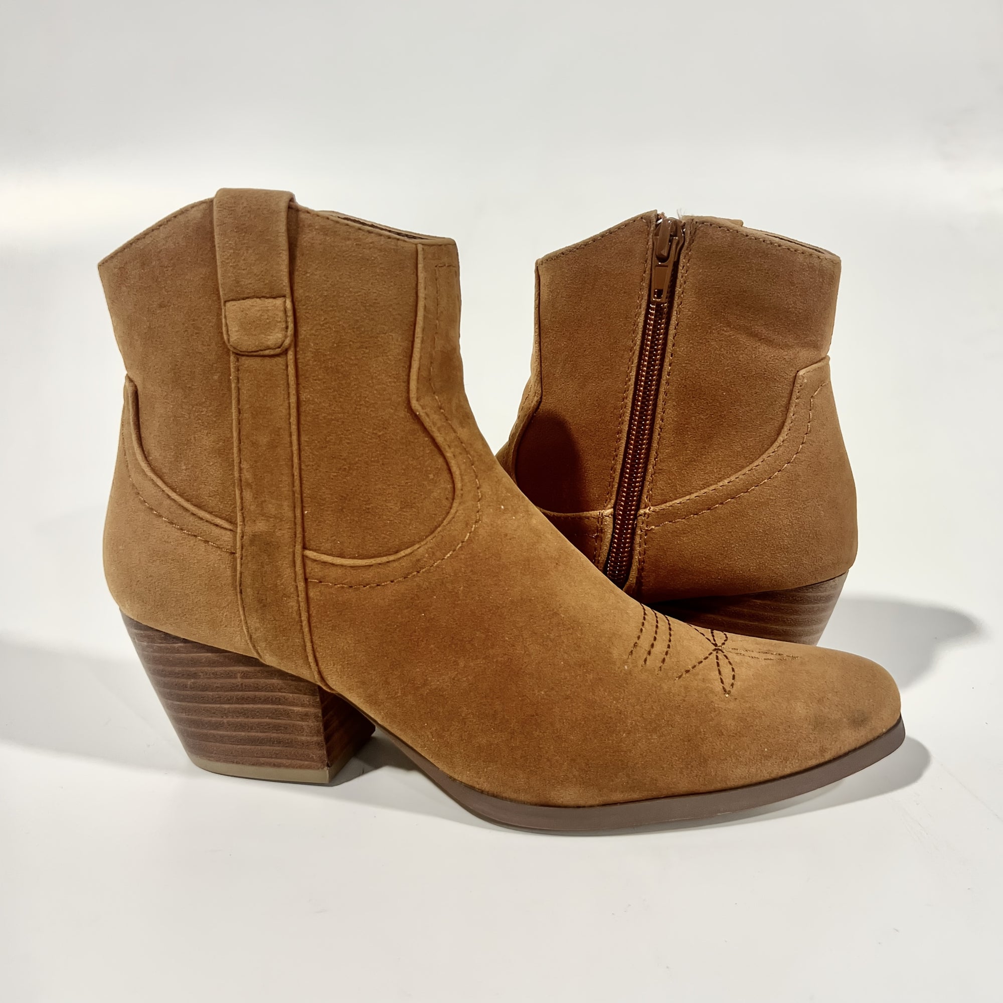 Women’s Western Ankle Booties - Embroidered, Side Zipper, Pointed Toe, Mid-Chunky Heel, All-Season.