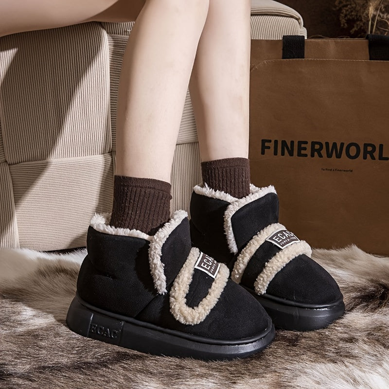 Cozy Plush-Lined Winter Ankle Boots for Women - Thick Sole, Non-Slip, Indoor/Outdoor Shoes with Hook-and-loop Fastener Closure