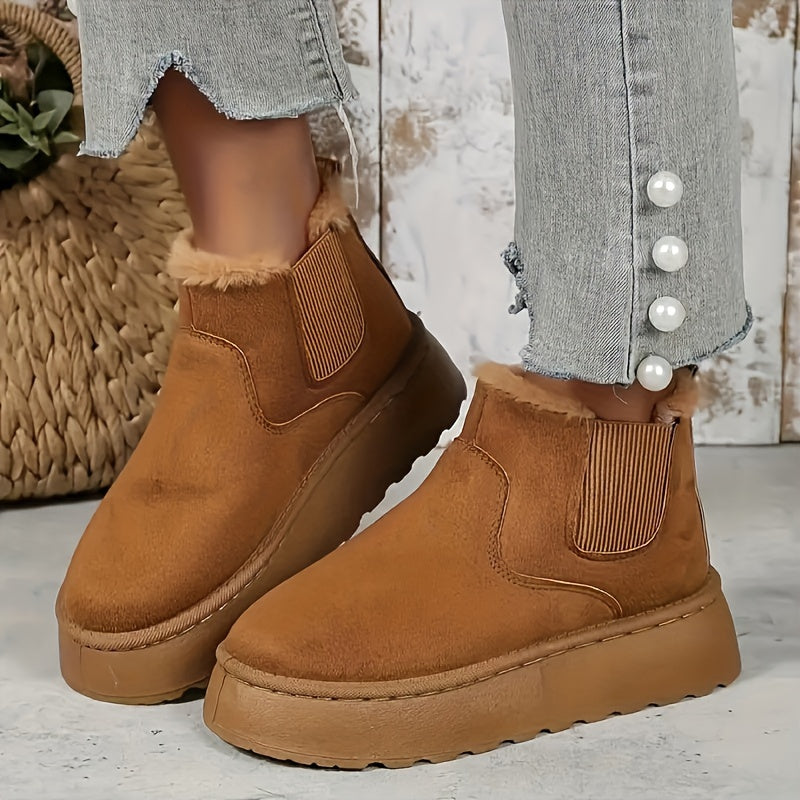 Trendy Winter Comfort: Women's Slip-On Warm Fleece-Lined Boots, Non-Slip Flat Platform in Chic Solid Color