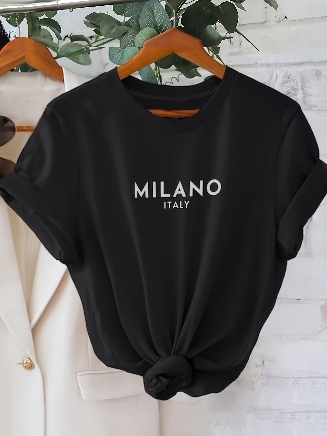 Milano Letter Print T-shirt, Casual Crew Neck Short Sleeve Top For Spring & Summer, Women's Clothing