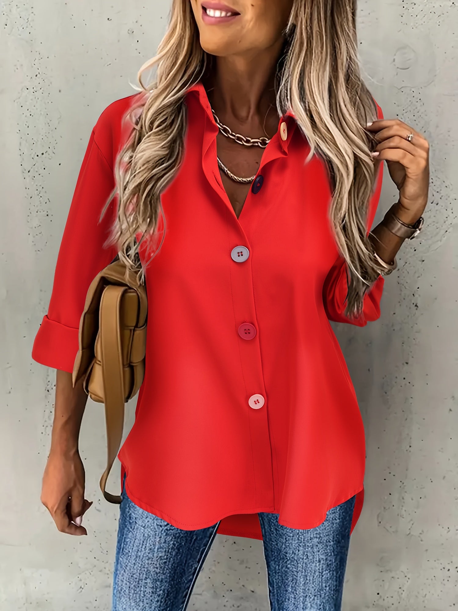 Colorful Button Front Simple Shirt, Versatile Long Sleeve Shirt For Spring & Fall, Women's Clothing