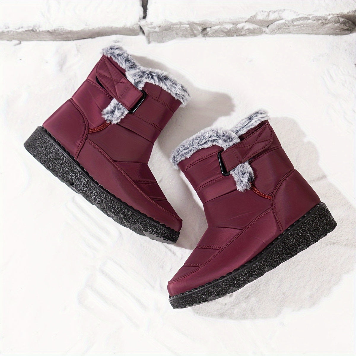 Velvettouch, Women's Winter Anti-Slip Snow Boots with Faux Fur Lining and Adjustable Straps - Casual Mid-Heel Fabric Ankle Booties