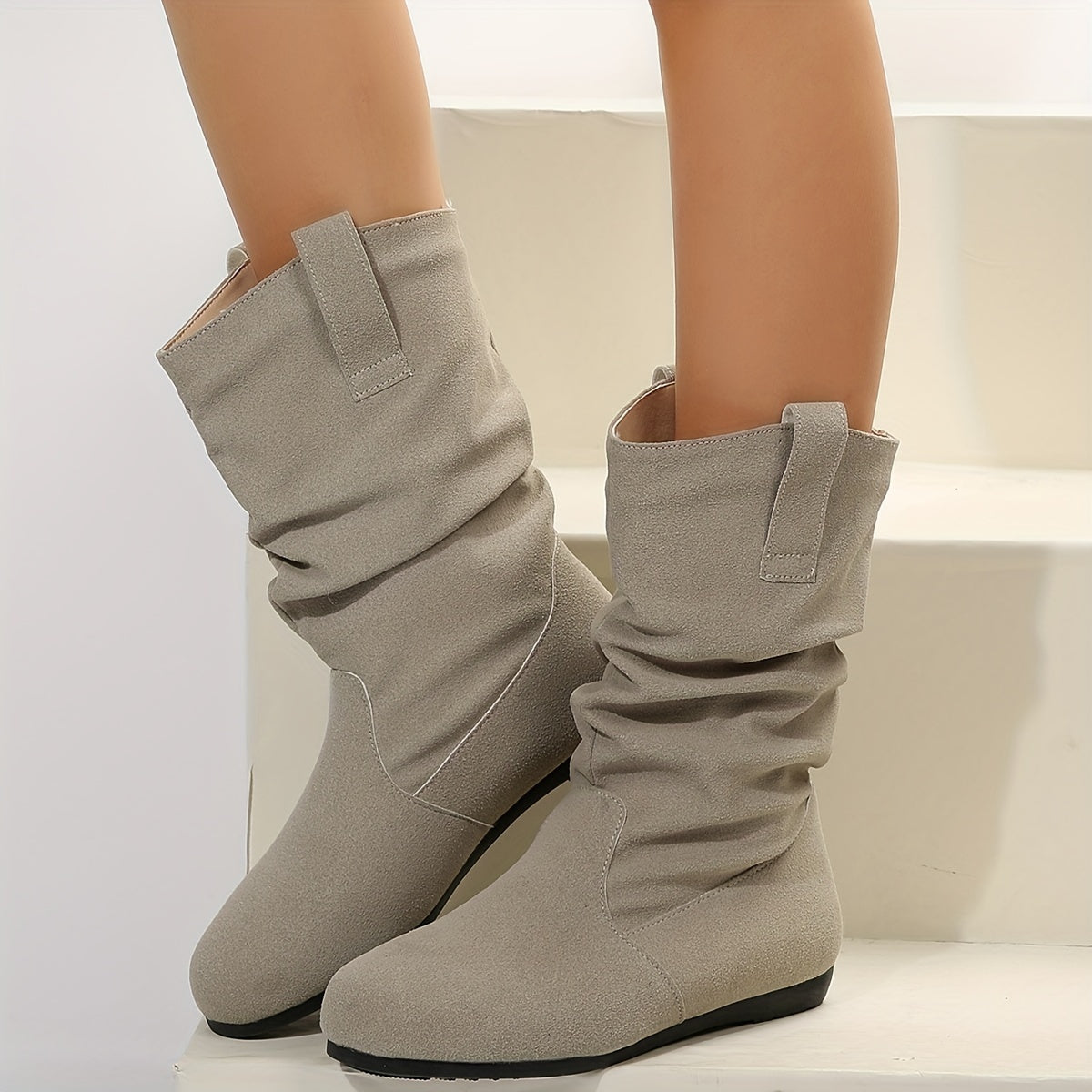 Women's Slouchy Mid Calf Boots, Comfy V-cut Pull On Plush Lined Warm Flat Shoes, Winter Thermal Boots