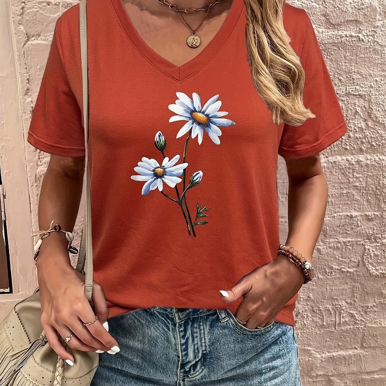 Floral Print V Neck T-shirt, Casual Short Sleeve T-shirt For Summer, Women's Clothing