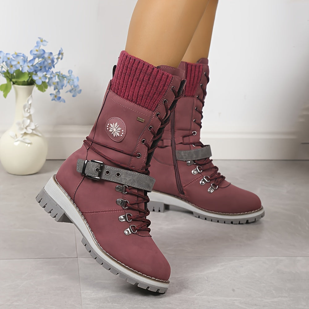 Mid Calf Thermal Women's Fashion Boots, Knitted Lace Up with Side Zipper, All-Match Outdoor