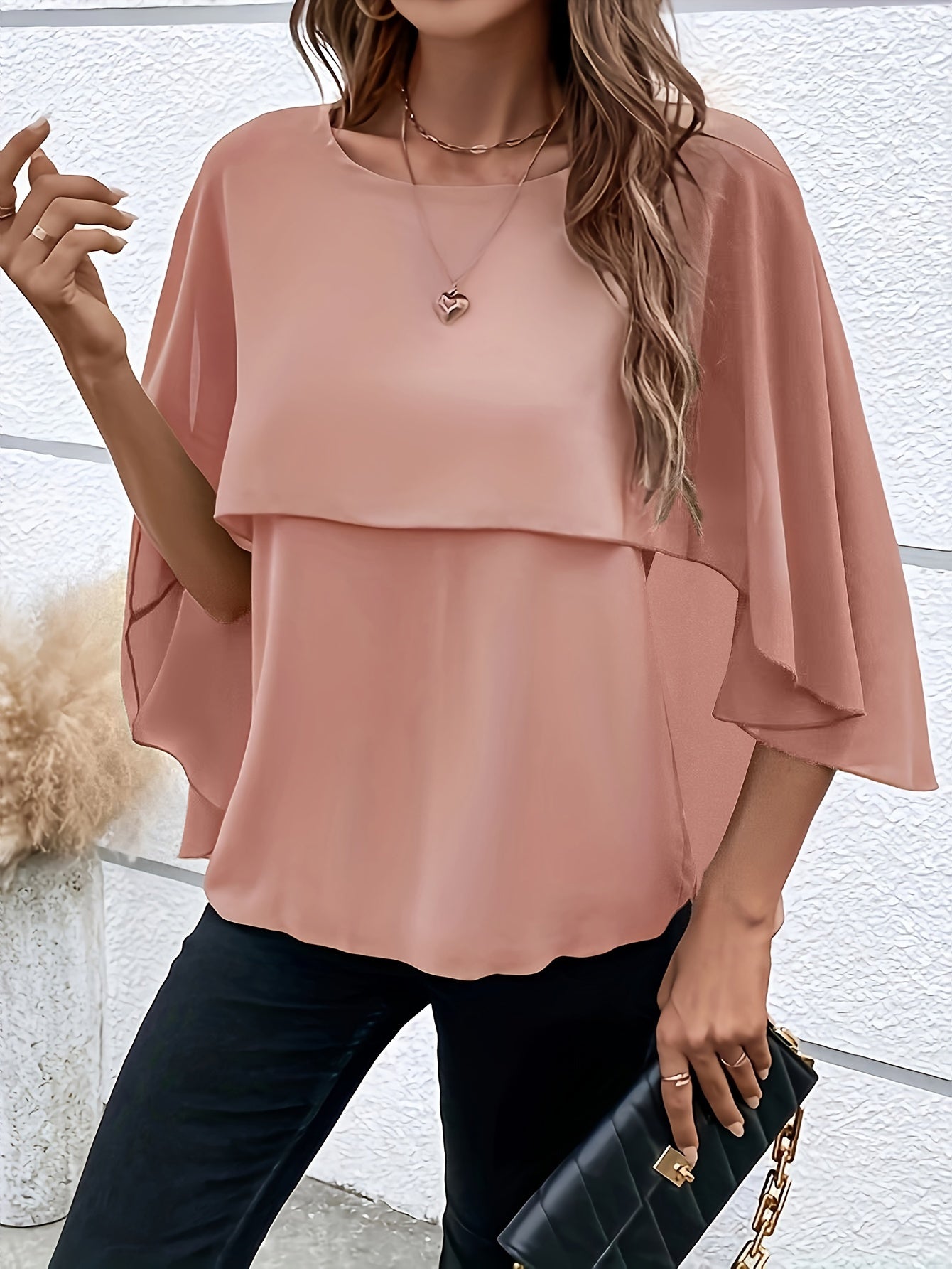 Solid Layered Cloak Sleeve Blouse, Versatile Crew Neck Blouse For Spring & Fall, Women's Clothing