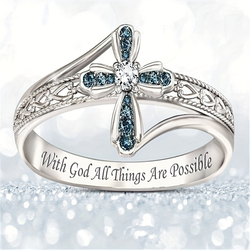 1pc Exquisite And Fashionable Blue Cubic Zirconia Cross Ring For Men And Women, Jewelry Gift