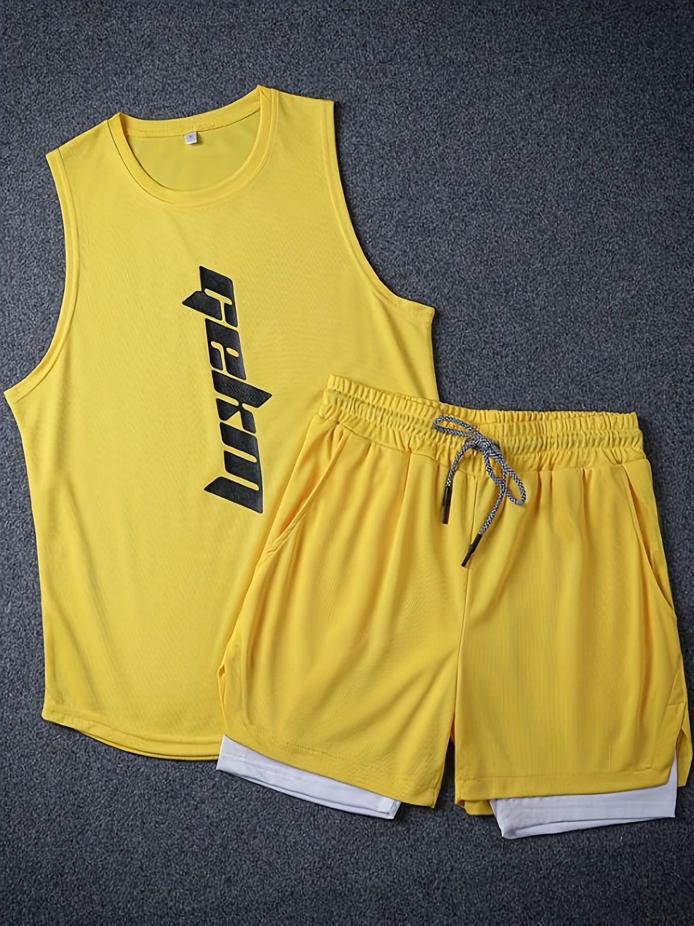 Men's 2 Pieces Outfits, Fashion Letter Print Round Neck Tank Top And Drawstring Breathable Shorts Set