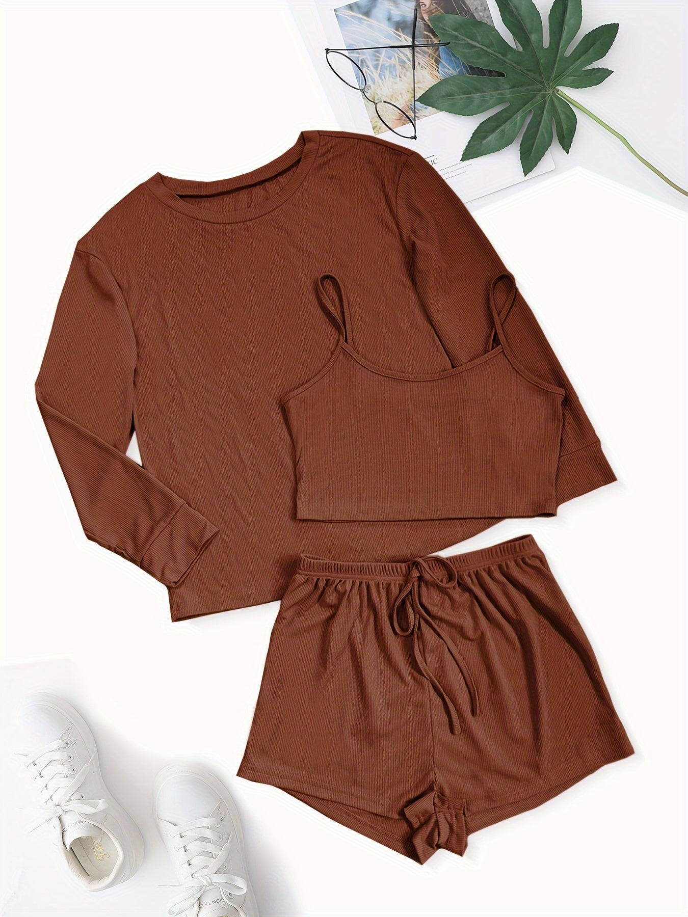 Solid Waffle Lounge Set, Casual Long Sleeve Crew Neck Top & Cami Top & Elastic Waistband Shorts, Women's Loungewear & Sleepwear for fall & winter