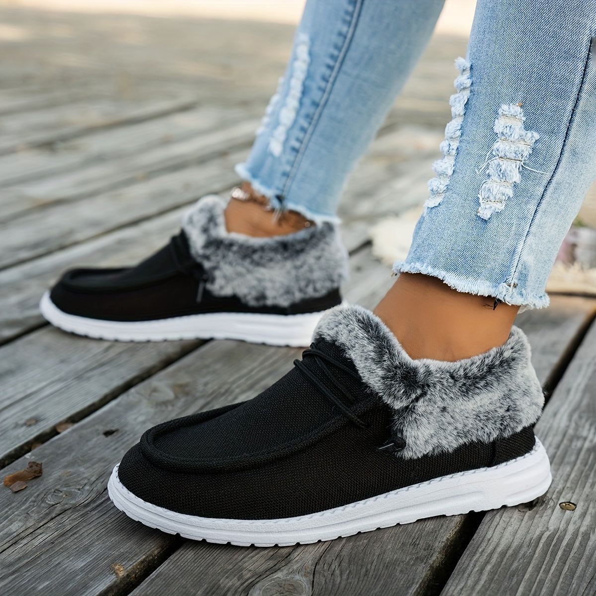 Women's Slip-On Plush Sneakers - Round Toe, Breathable Fabric Upper, EVA Sole, Non-Slip Comfort for All Seasons.