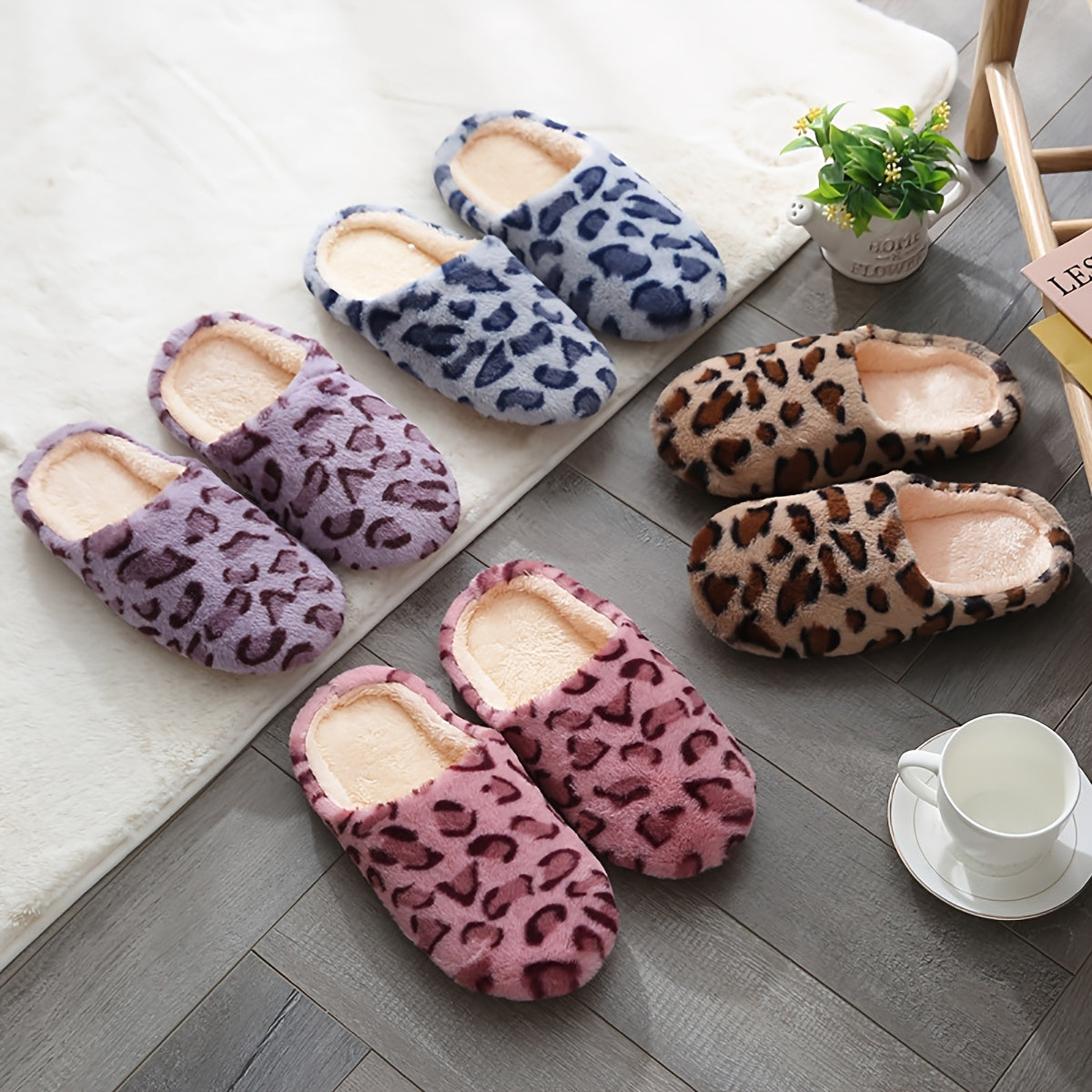 Women's Fluffy Home Slippers, Soft & Comfortable Leopard Pattern Indoor Slides