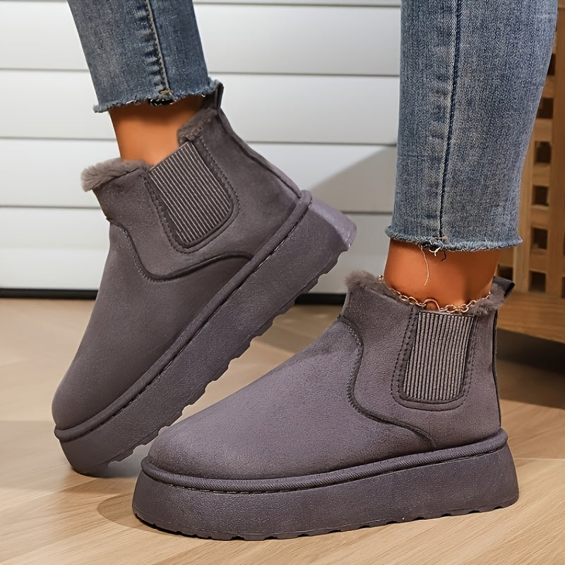 Stylish Women's Plush Lined Ankle Boots - Comfortable Slip-On Platform Boots for Fall & Winter Outings - Soft Insoles for Daily Wear