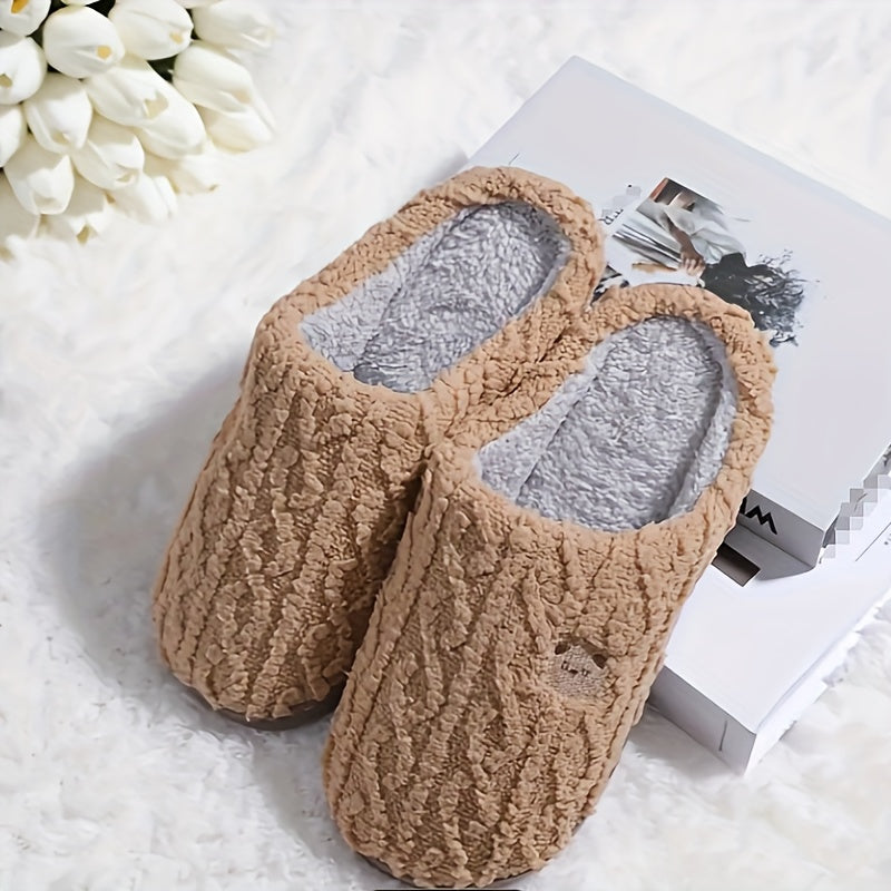 Cute Bear Pattern Plush Winter Slippers, Cozy & Warm Slip On Flat Fuzzy Shoes, Comfortable Home Bedroom Slippers