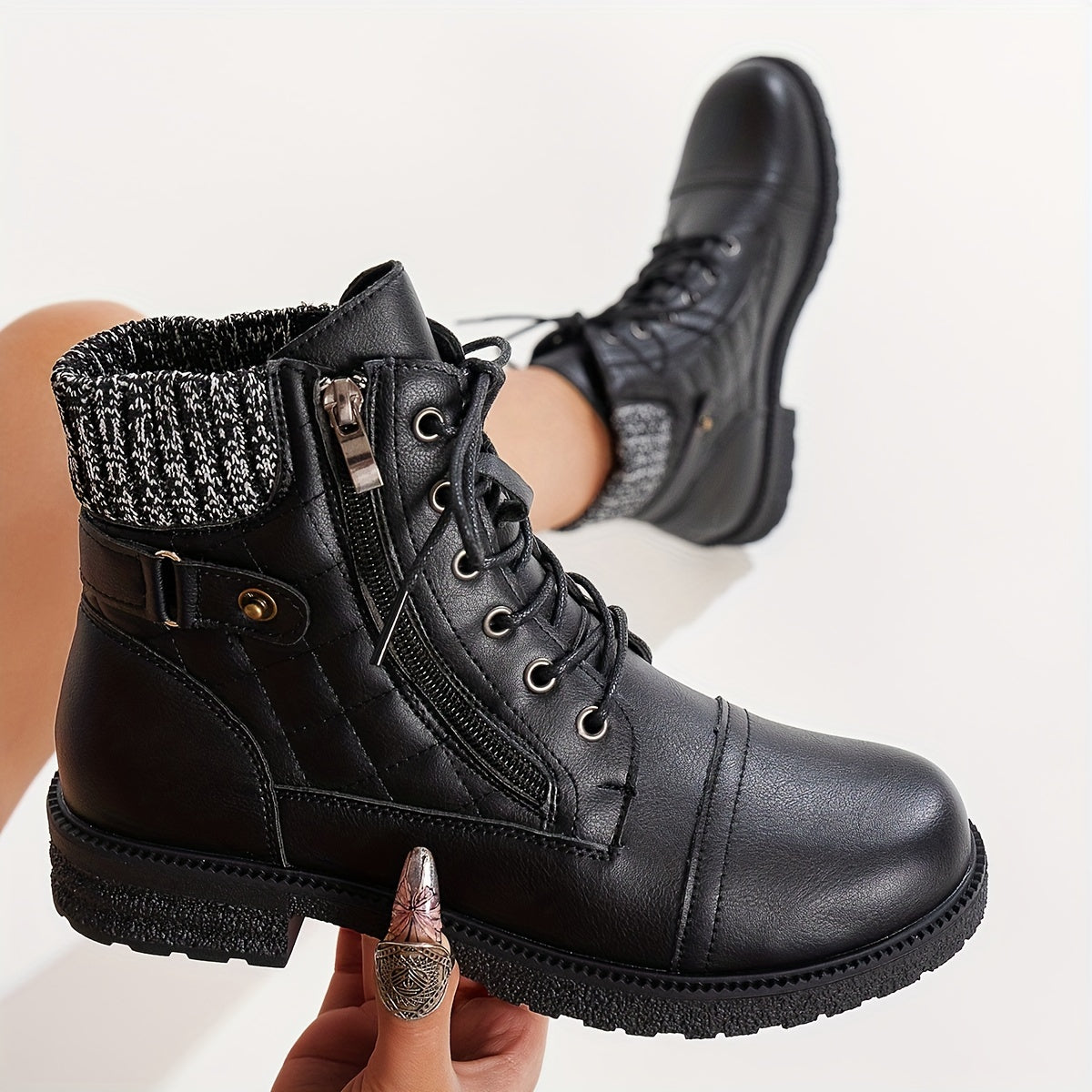 Women's Punk Style Ankle Boots - Mid-Heel, Almond Toe, Zip Closure, Solid Color, Durable, All-Season Wear.