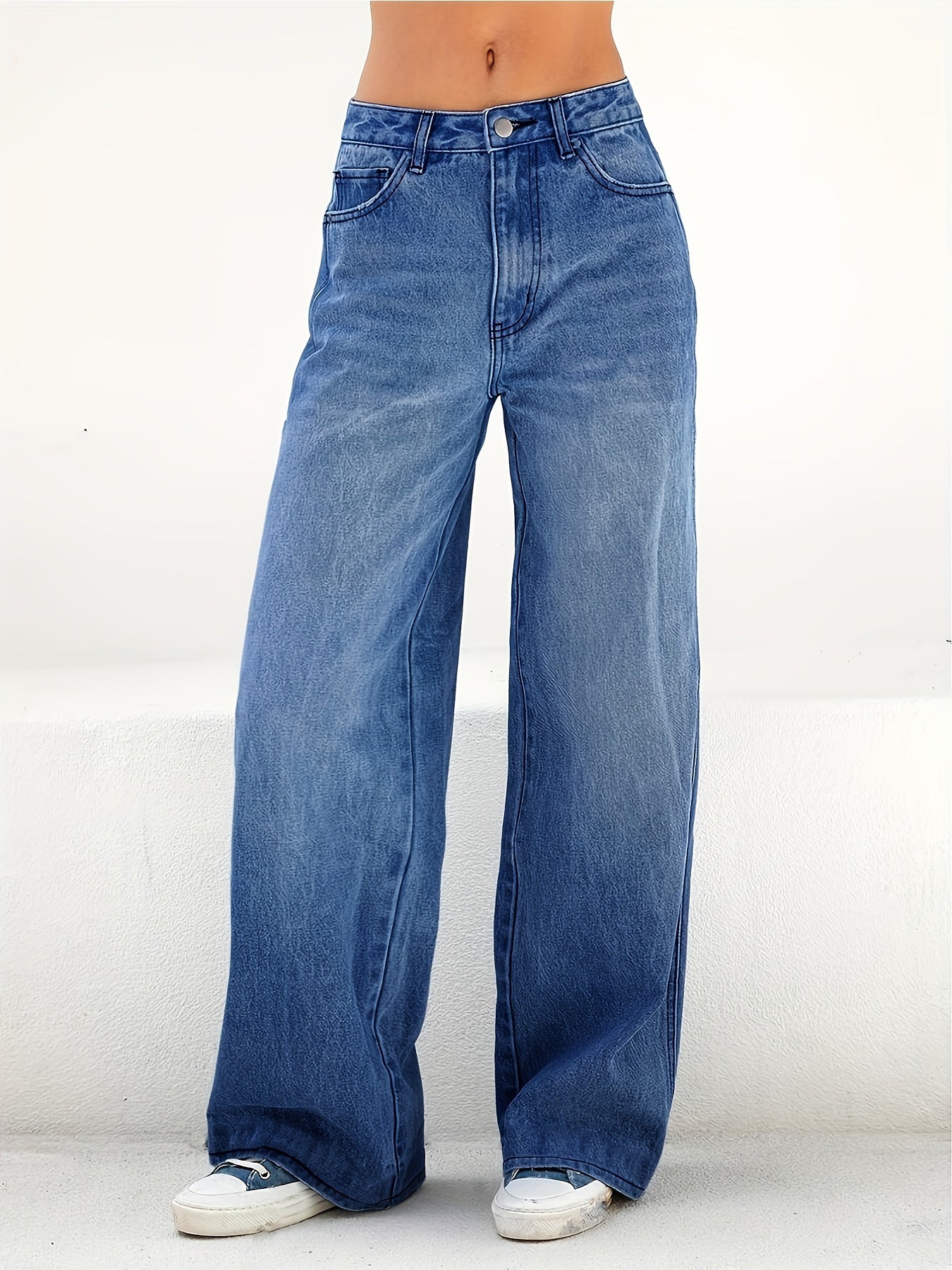 Blue Loose Fit Wide Leg Jeans, High Waist Slash Pockets High Rise Straight Jeans, Women's Denim Jeans & Clothing