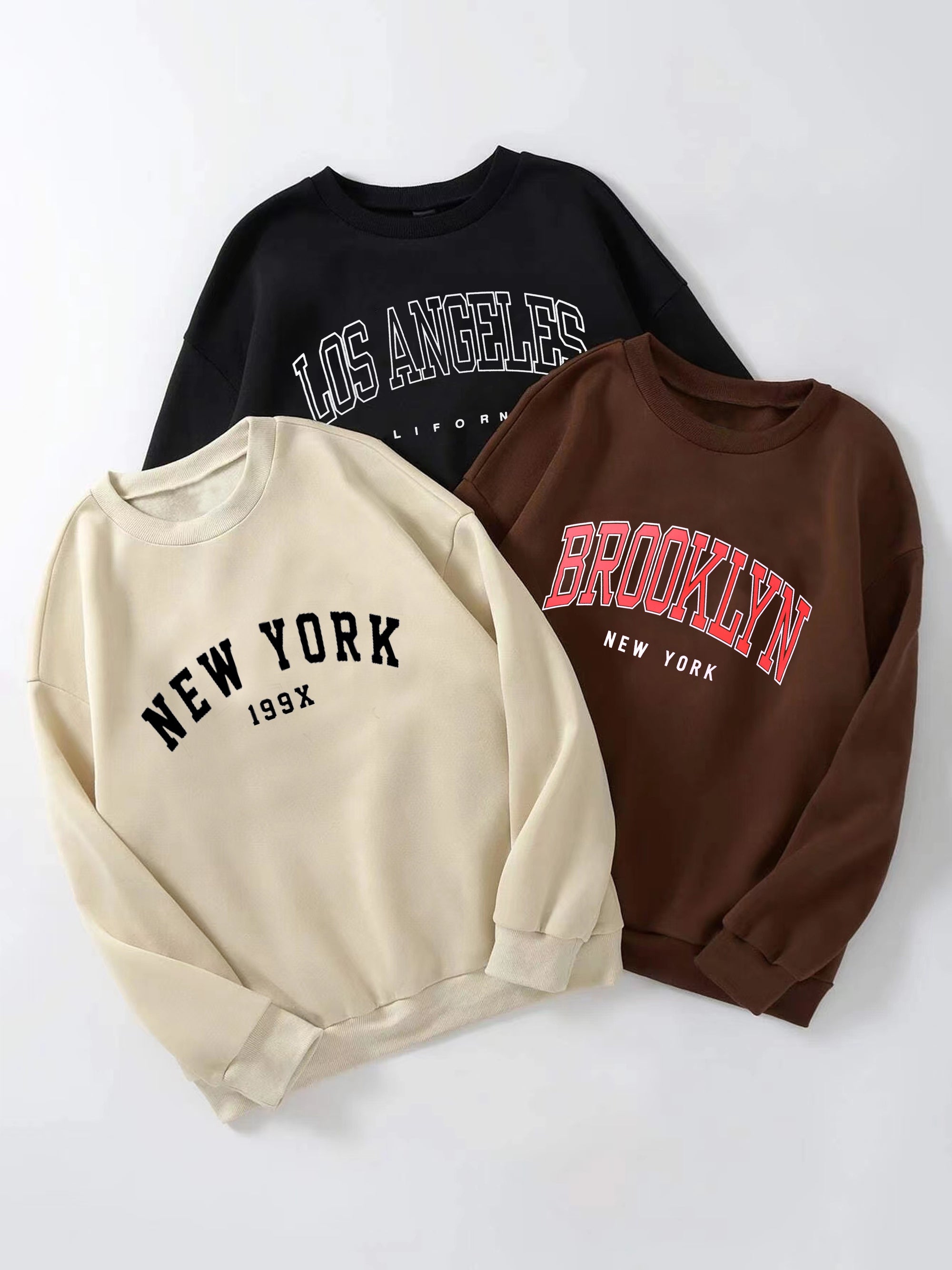 3 Packs Letter Print Pullover Sweatshirt, Casual Long Sleeve Crew Neck Sweatshirt For Fall & Winter, Women's Clothing