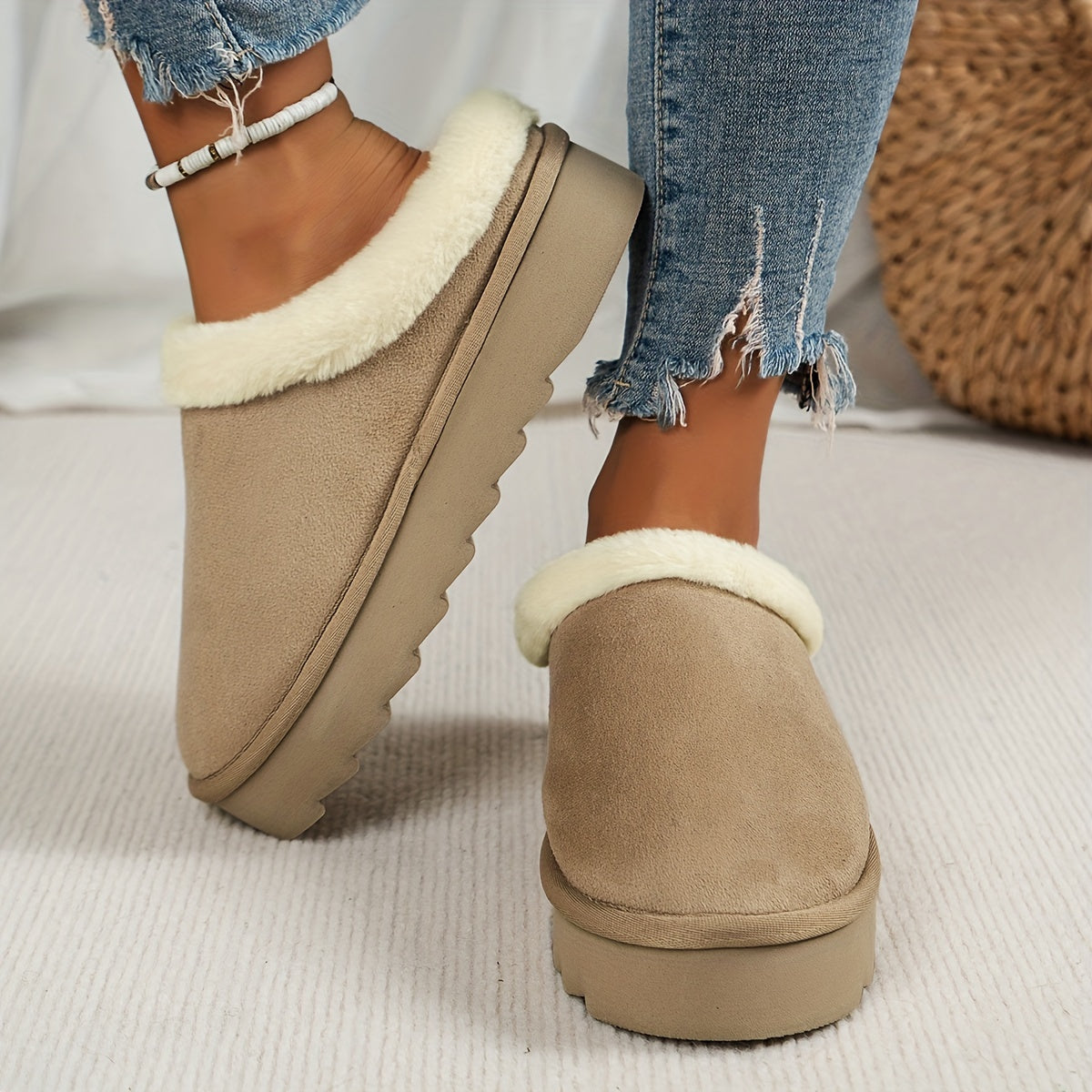 Solid Color Warm Home Slippers, Slip On Platform Lined Non-slip Shoes, Winter Comfy Plush Fuzzy Shoes