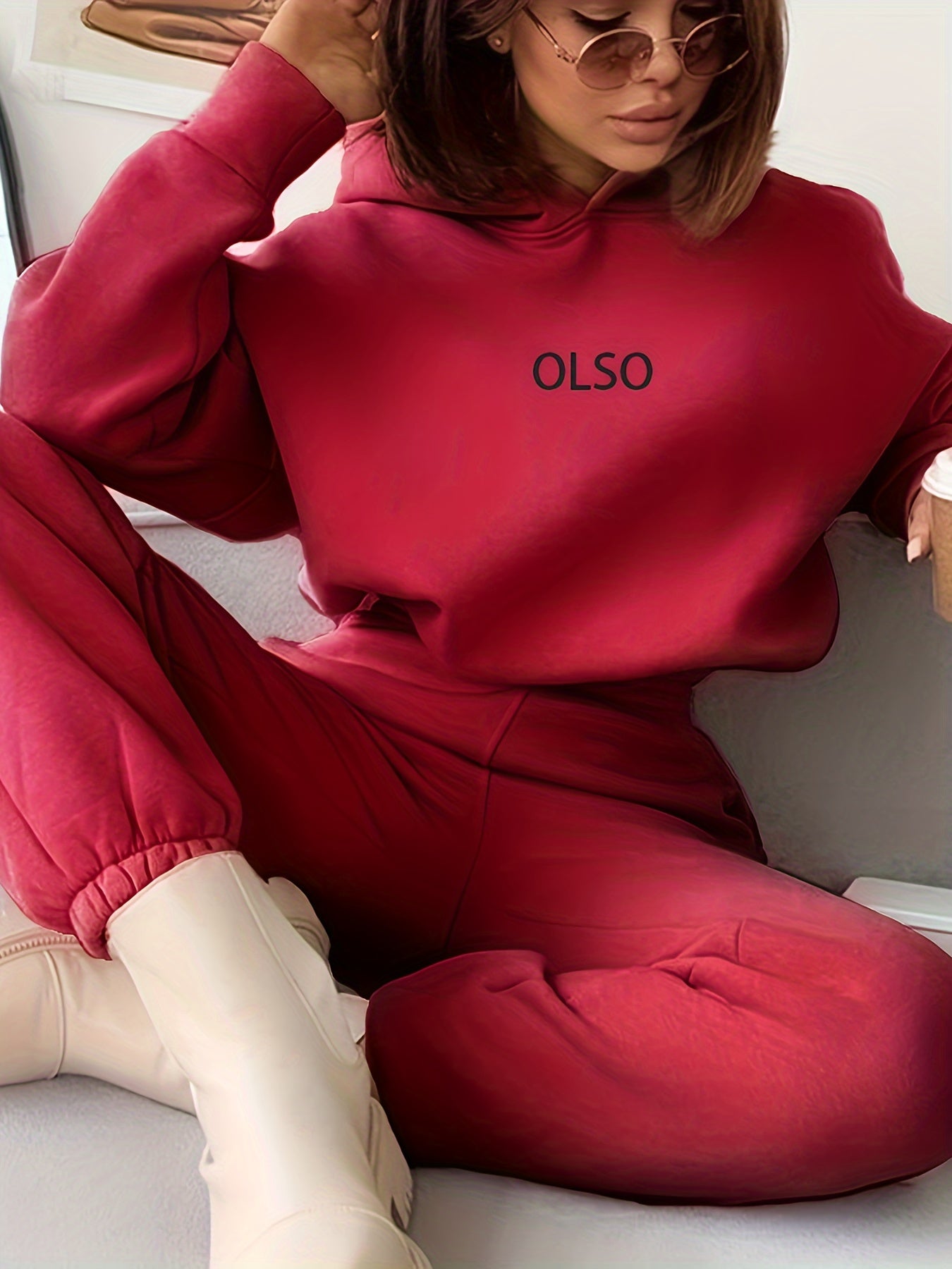 Casual Two-piece Set, Letter Print Long Sleeve Hooded Sweatshirt & Elastic Waist Sweatpants Outfits, Women's Clothing