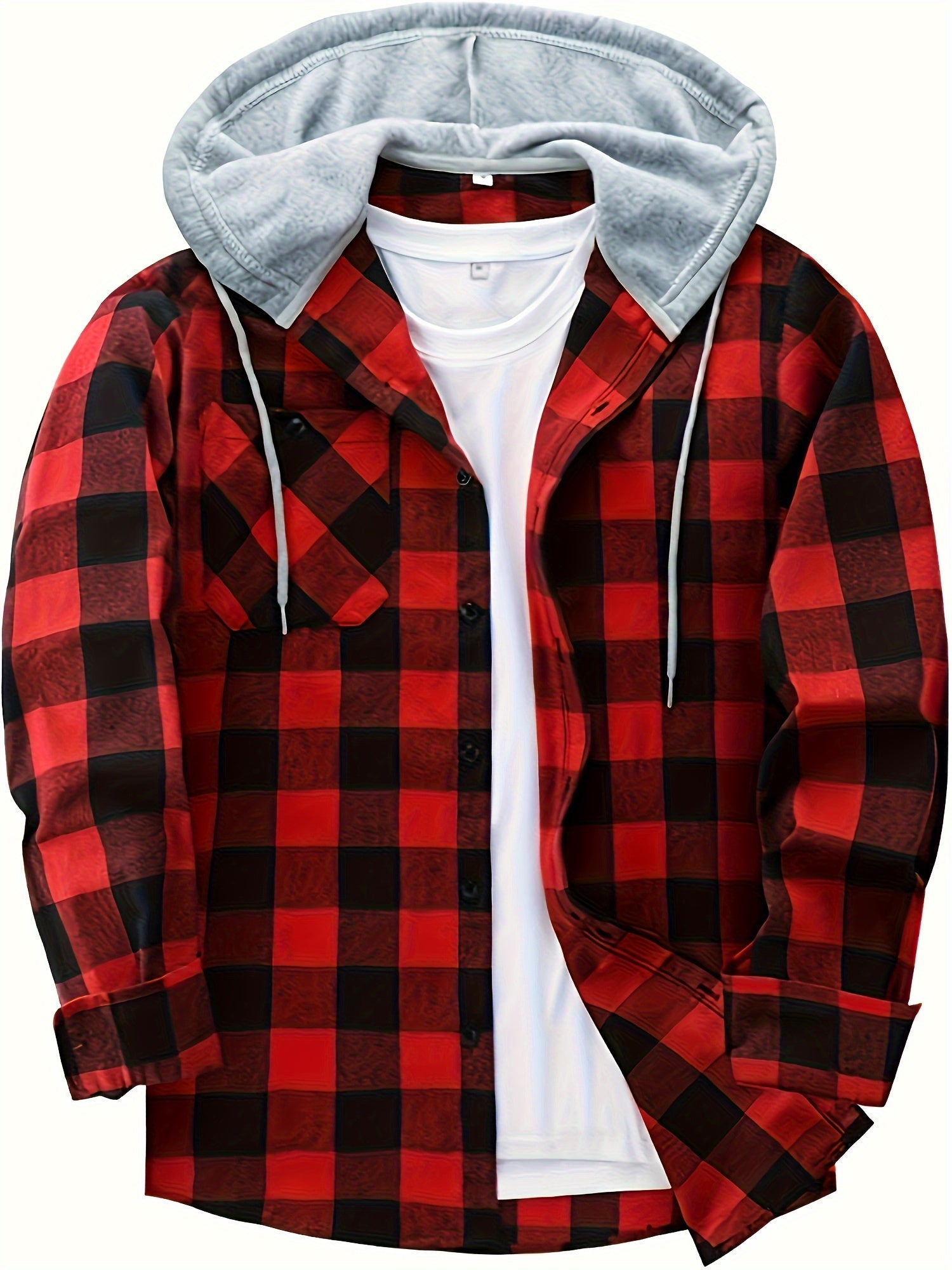 Plaid Pattern Men's Long Sleeve Hooded Shirt Jacket With Chest Pocket, Men's Casual Fall Winter Outwear