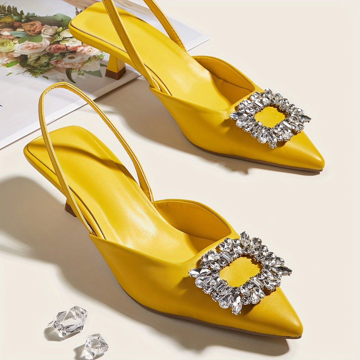 Women's Rhinestone Decor Kitten Heels, Solid Color Pointed Toe Slingback Sandals, Fashion Elastic Strap Slip On Low Heels