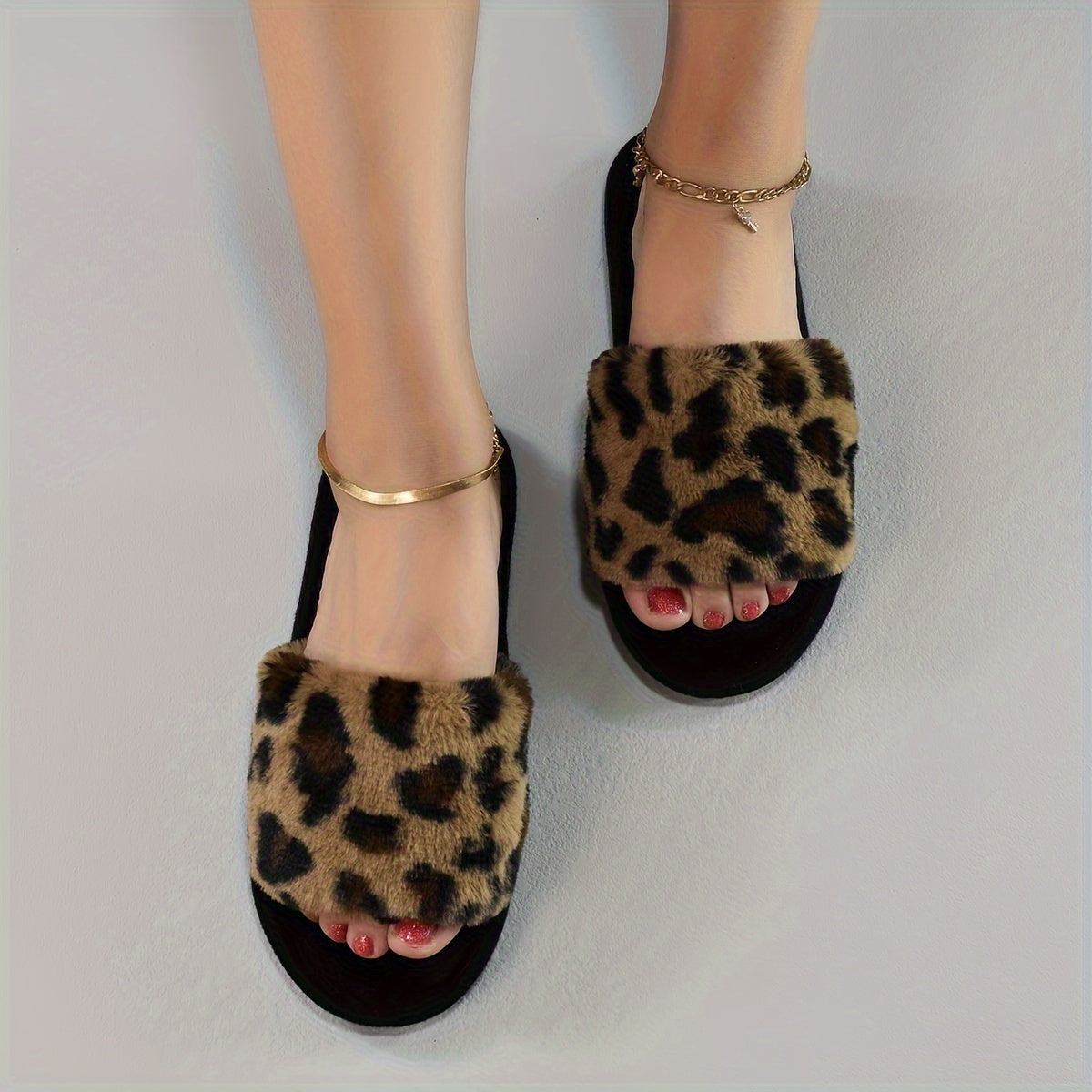 Leopard Print Plush Slippers For Women, Cozy & Warm Open Toe Soft Sole Shoes, Comfy Indoor Floor Fuzzy Slippers