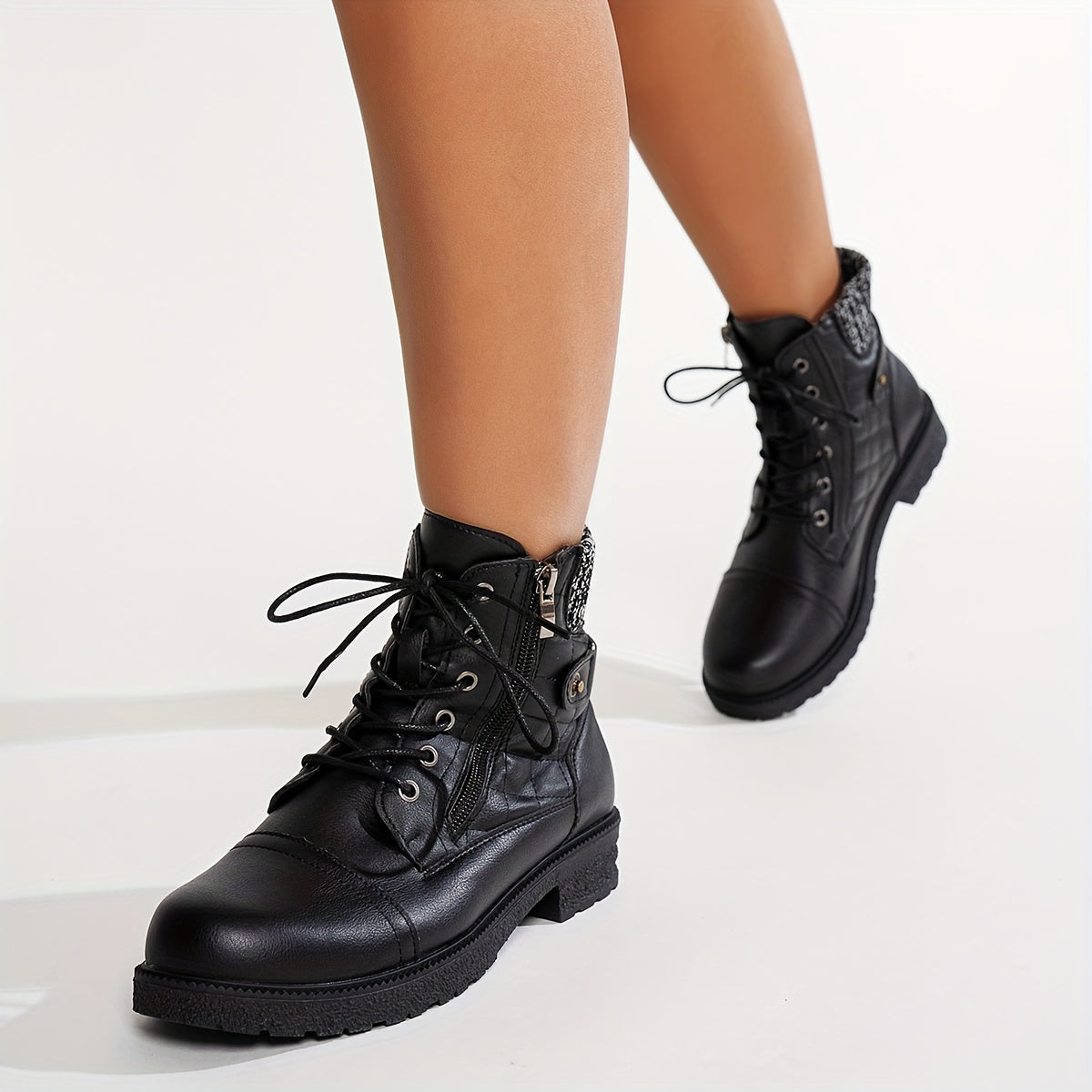 Women's Punk Style Ankle Boots - Mid-Heel, Almond Toe, Zip Closure, Solid Color, Durable, All-Season Wear.