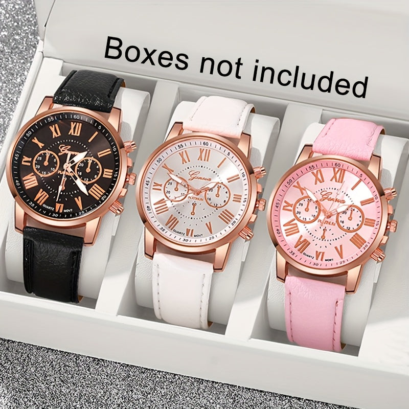 3pcs Elegant Roman Quartz Women's Watches - Fashionable Round Dial with Faux Leather Strap, Perfect Gift Idea