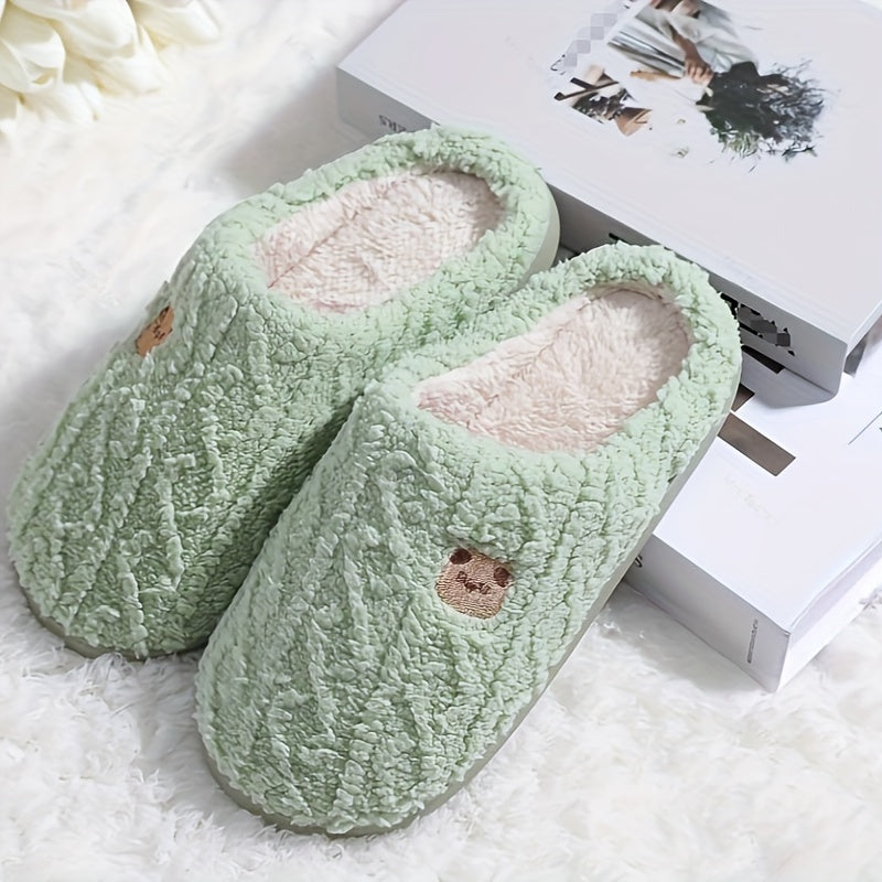 Cute Bear Pattern Plush Winter Slippers, Cozy & Warm Slip On Flat Fuzzy Shoes, Comfortable Home Bedroom Slippers