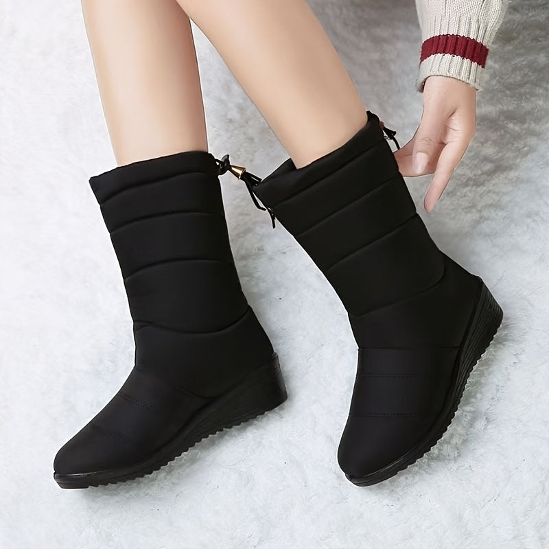 Women'S Solid Color Snow Boots - Round Toe, Non-Woven Upper, Fabric Lining, PU Sole, Thickened Warm Insole, Waterproof, Anti-Slip Winter Shoes