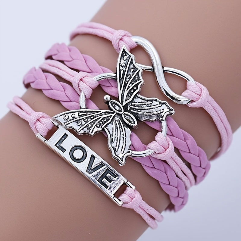 Vintage Handmade Multilayer Leather Bracelet With Letter Love And Butterfly For Men And Women