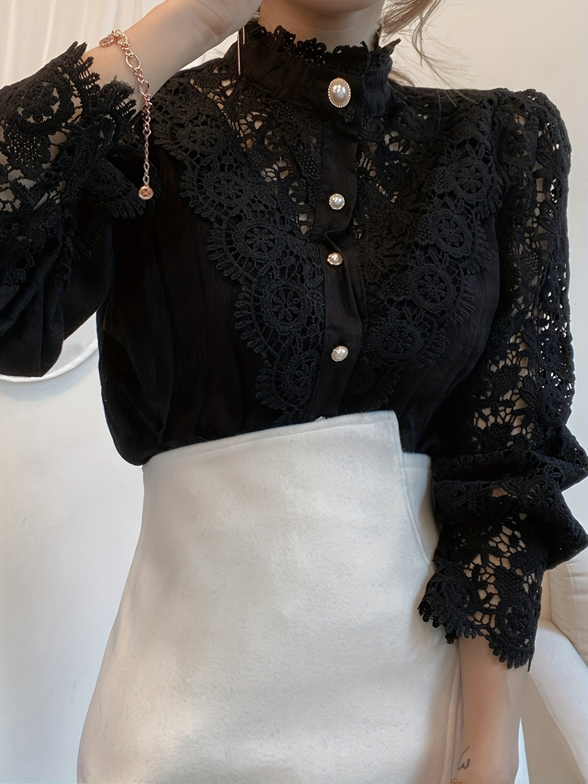 Women&#39;s Blouse Lace Puff Sleeve Lantern Sleeve Solid Pleated Women Blouse