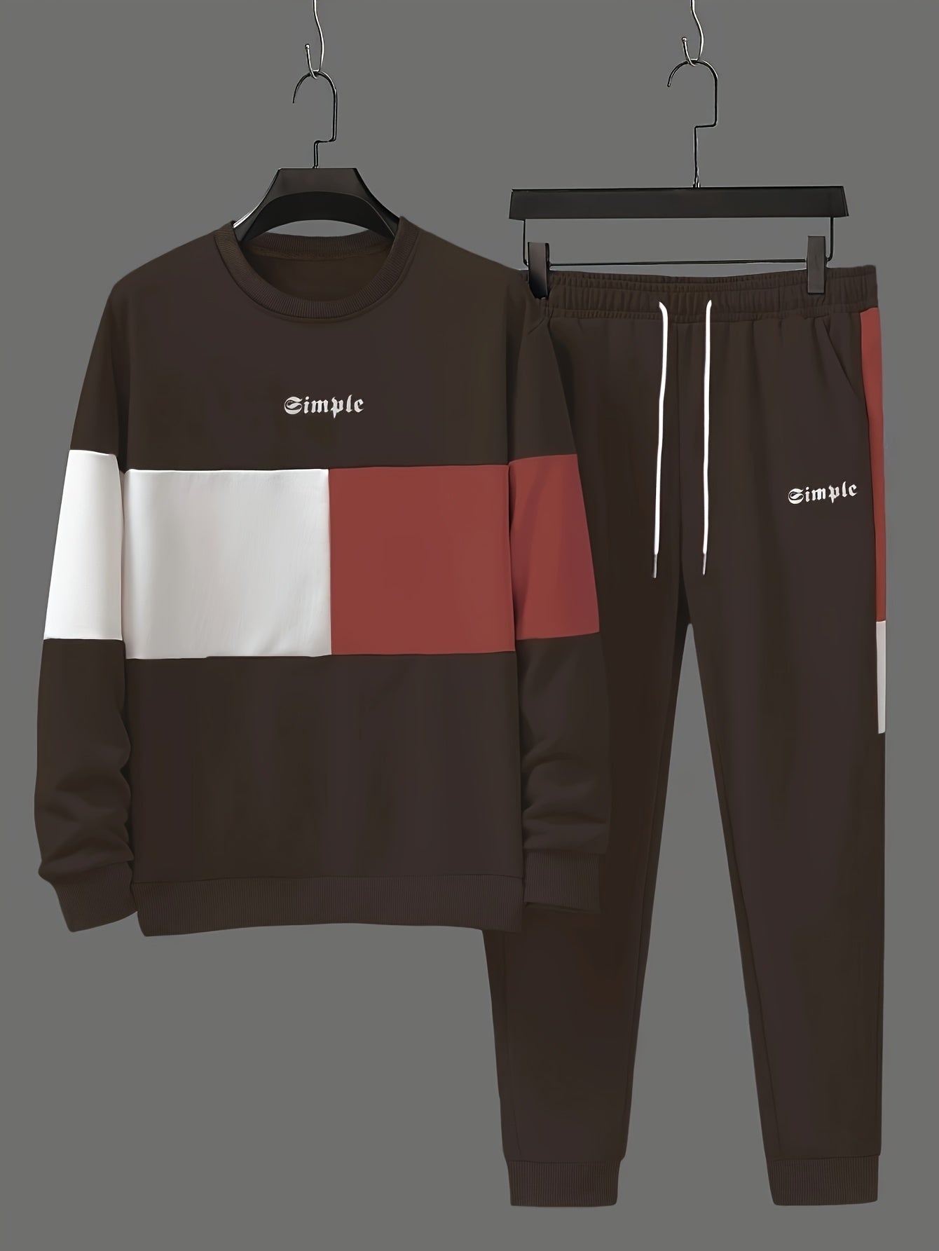 Men's Casual Crew Neck Sweatshirt & Joggers Set - Color Block, Polyester Blend, Machine Washable - Perfect for Spring/Fall