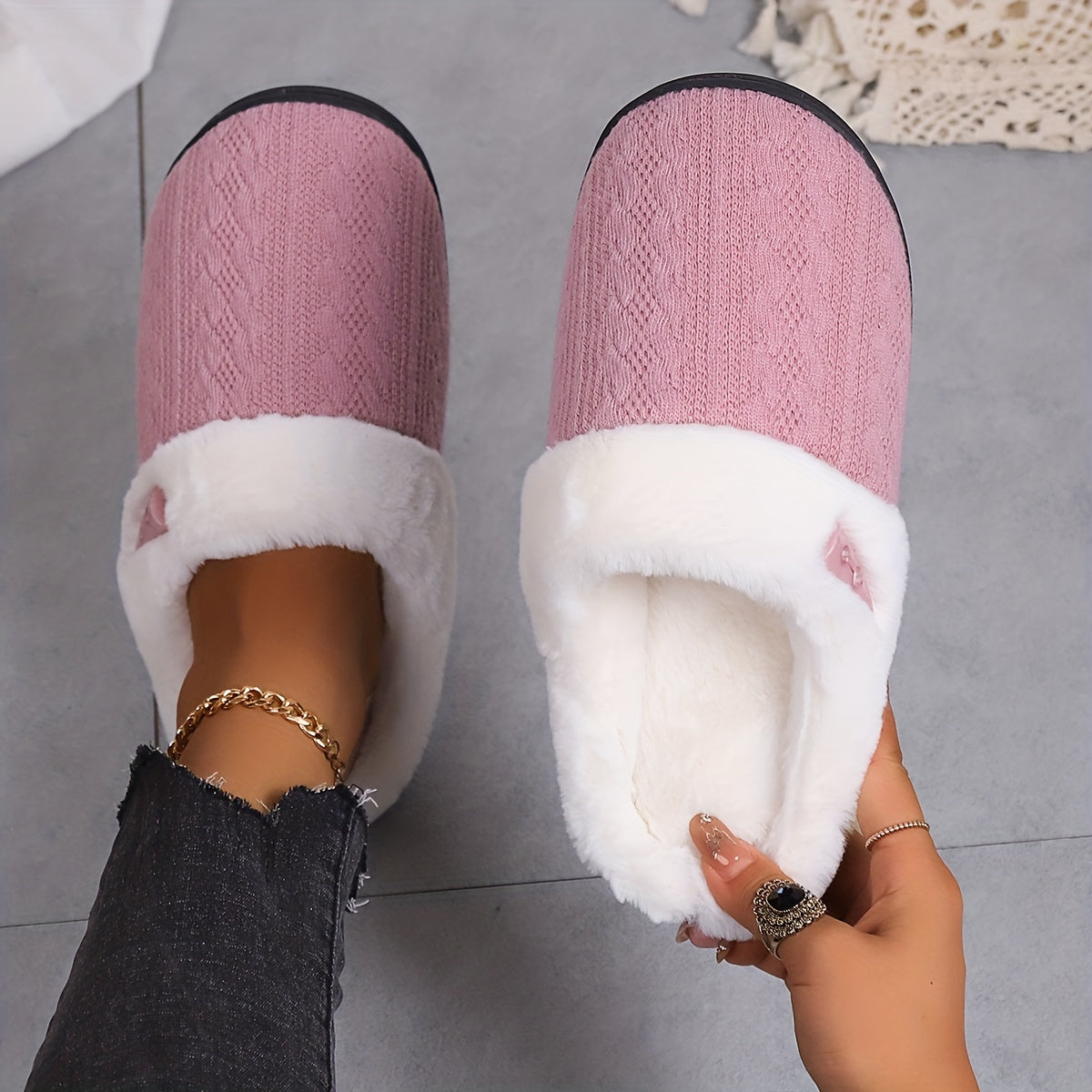 Solid Color Slippers, Casual Slip On Plush Lined Shoes, Comfortable Indoor Home Slippers