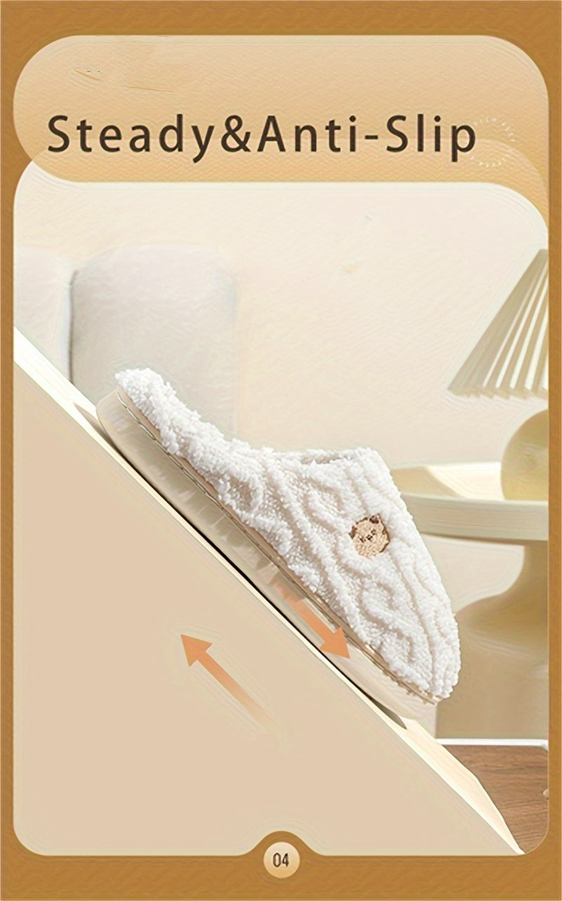 Solid Color Home Warm Slippers, Slip On Soft Sole Flat Non-slip Fuzzy Shoes, Winter Plush Cozy Slides Shoes