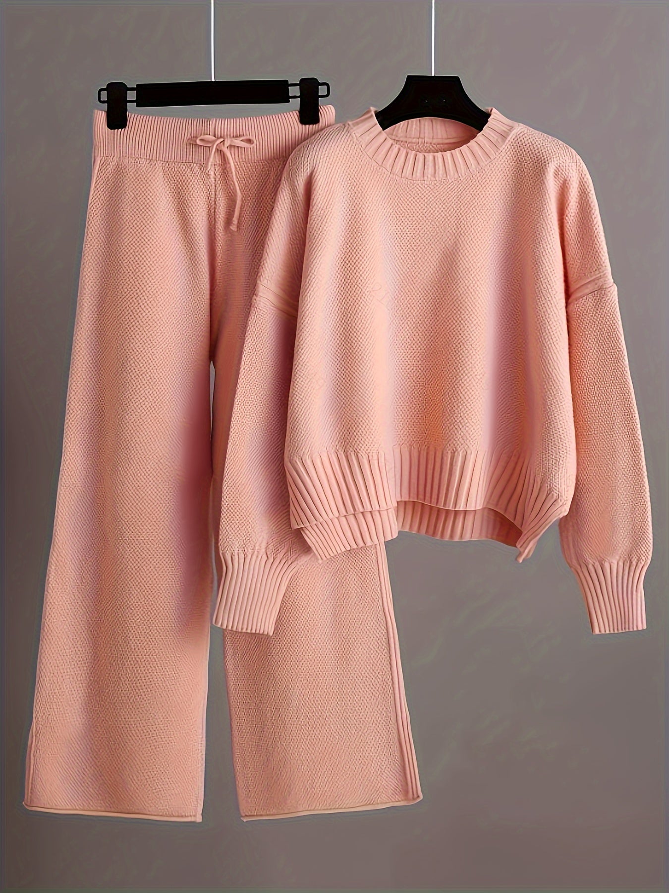 Cozy Long Sleeve Women's Casual Knitwear Set - Solid Color Polyester Crew Neck Sweater & Wide-Leg Pants