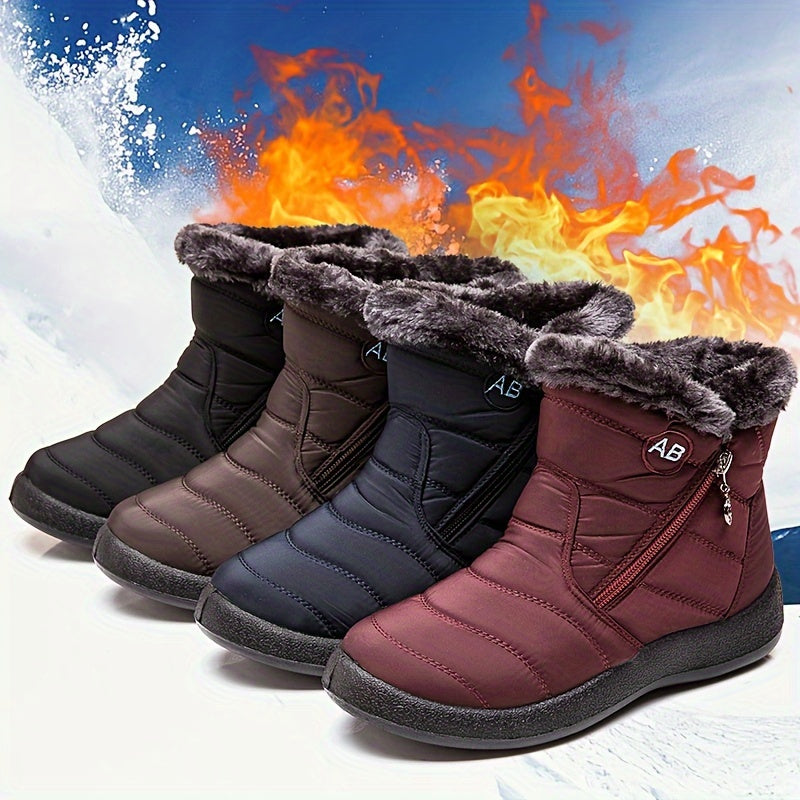 Women&#39;s Winter Snow Boots, Warm Ankle Booties, Waterproof Fabric With Side Zipper, Cozy Fur-Lined Insulated Footwear, Anti-Slip Sole