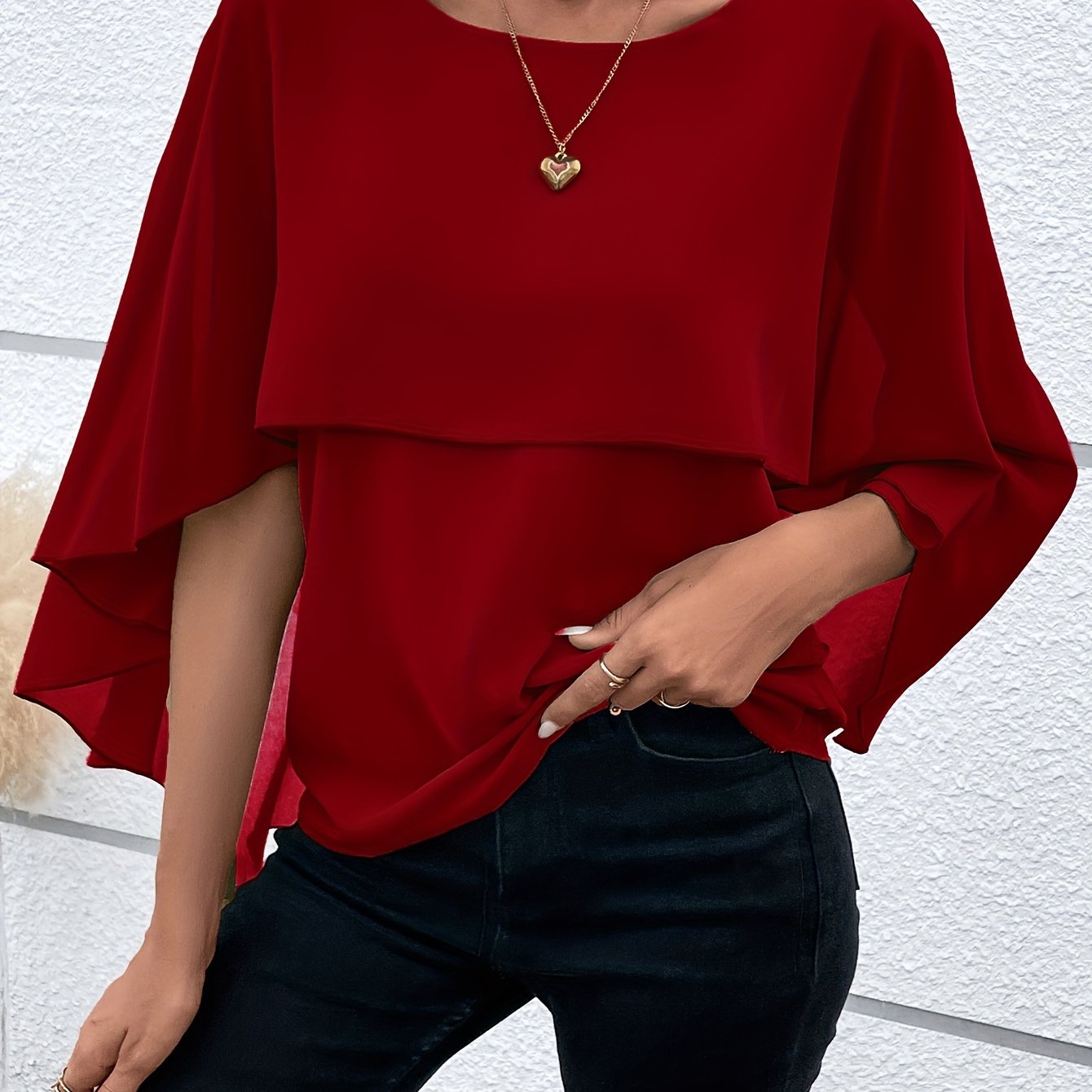 Solid Layered Cloak Sleeve Blouse, Versatile Crew Neck Blouse For Spring & Fall, Women's Clothing