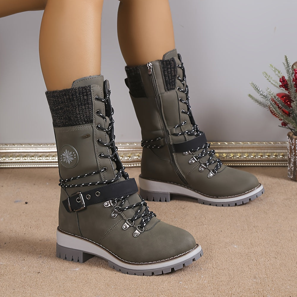 Mid Calf Thermal Women's Fashion Boots, Knitted Lace Up with Side Zipper, All-Match Outdoor