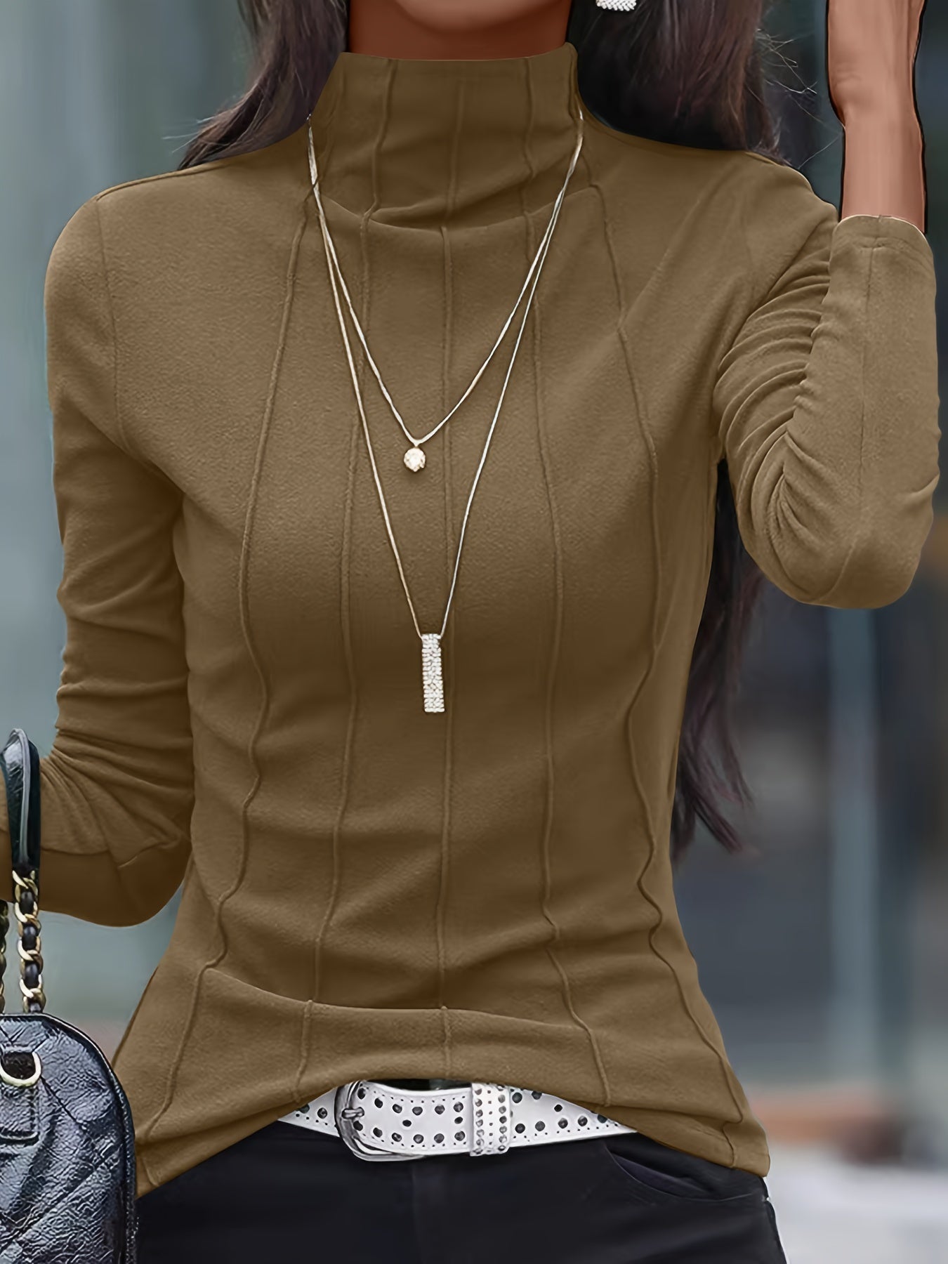 Solid Turtleneck Slim T-Shirt, Versatile Long Sleeve T-Shirt For Spring & Fall, Women's Clothing