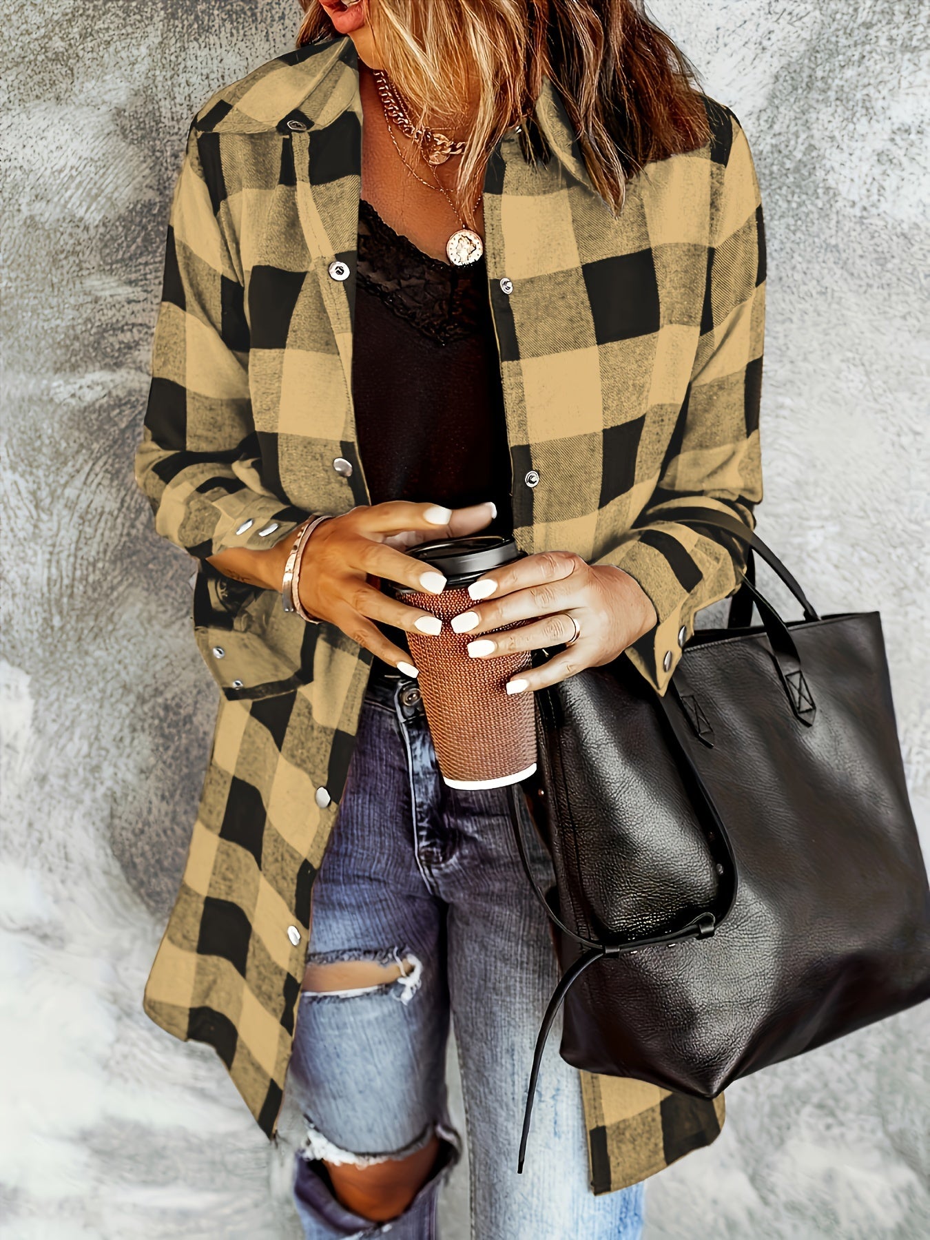 Plaid Print Button Front Shirt, Casual Long Sleeve Shirt For Spring & Fall, Women's Clothing