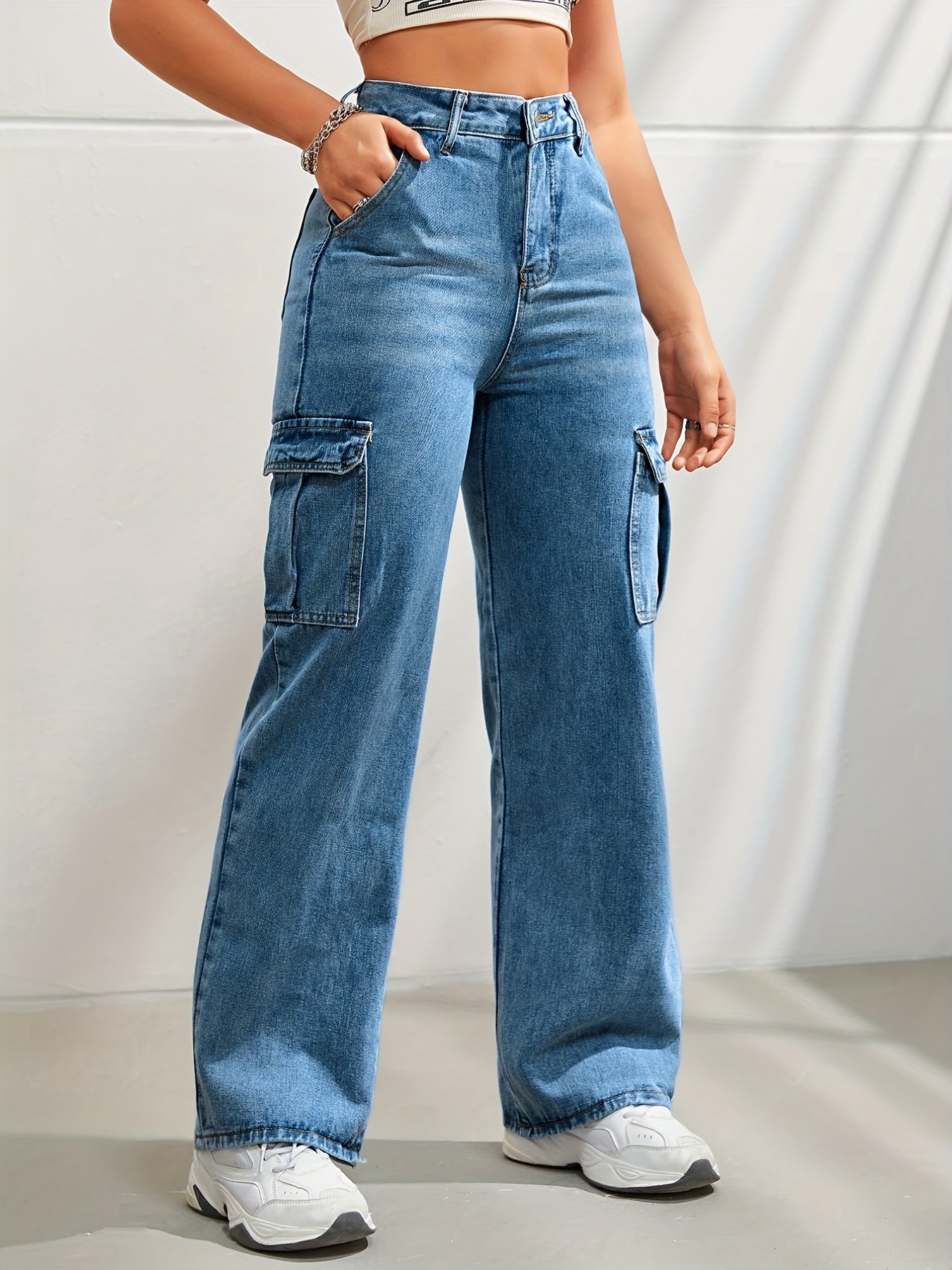 Side Flap Pocket High Waist Denim Cargo Pants, Light Washed Casual Slash Pocket Cargo Jeans, Kpop Y2K, Women's Denim Jeans & Clothing