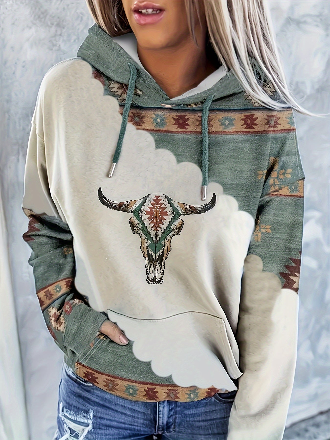 Aztec Geometric Print Drawstring Hoodie, Casual Long Sleeve Kangaroo Pockets For Spring & Fall, Women's Clothing