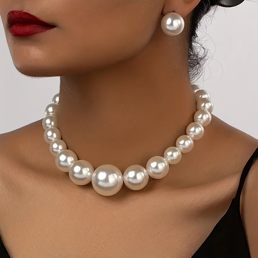 Elegant Ball Shape Creamy-White Acrylic Pearl Jewelry Set - Earrings & Necklace, Perfect for Women’s Holiday & Wedding Accessories